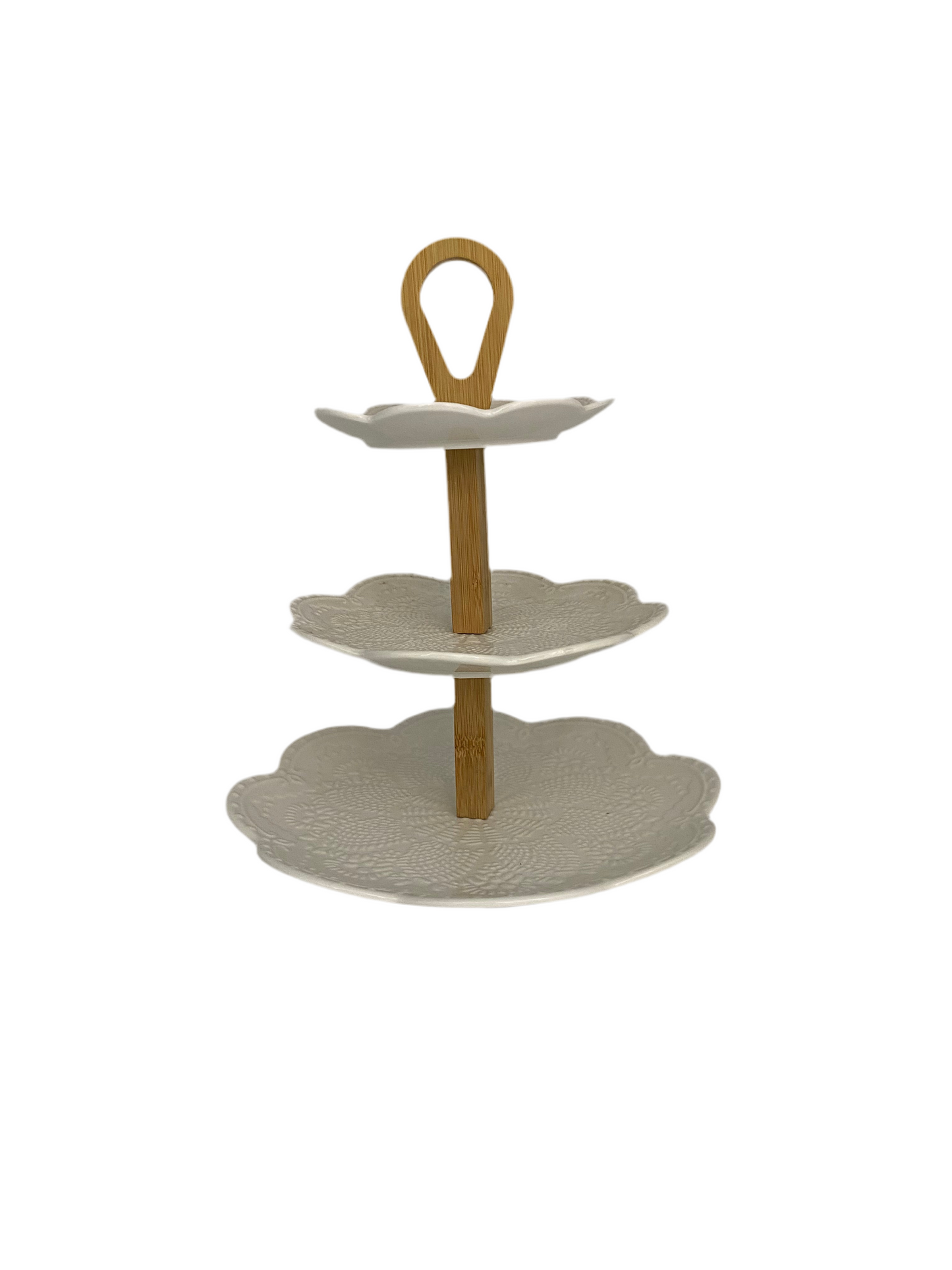 3-Tier Porcelain Flower Plate Set With Wooden Handle