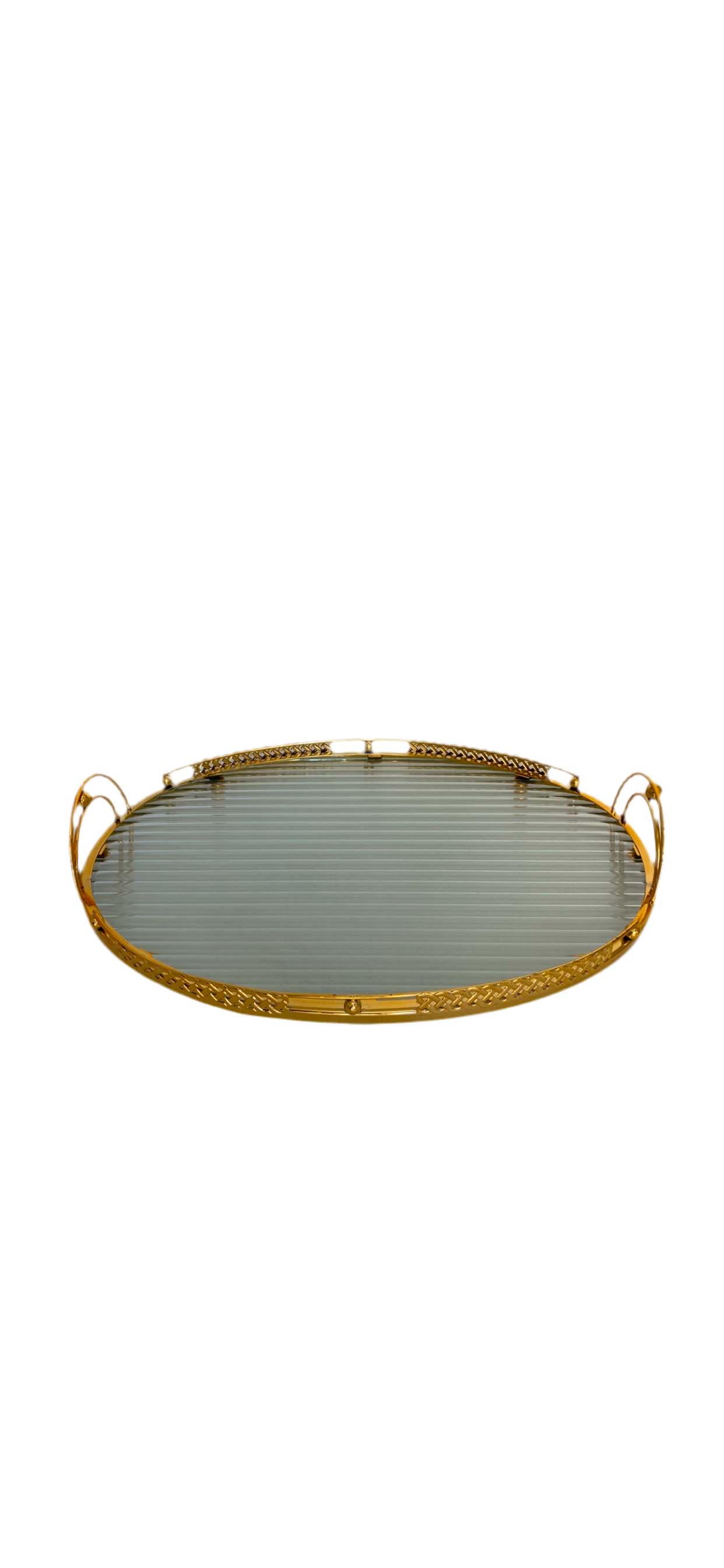 Oval Glass Tray With Metal Golden Pattern