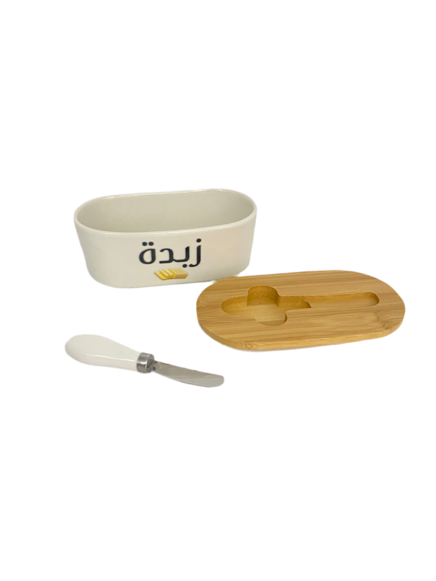 Oval Porcelain  Butter /Cheese  Bowl With  Bamboo Lid & Knife