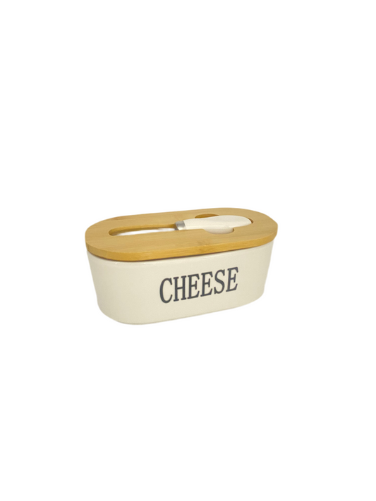 Oval Porcelain  Butter /Cheese  Bowl With  Bamboo Lid & Knife