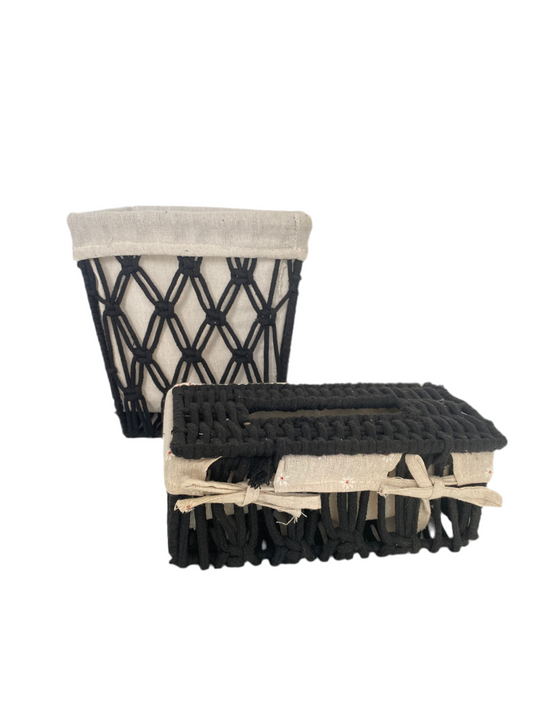 2 PCs Macrame Cotton Tissue Box With Waste Basket Set