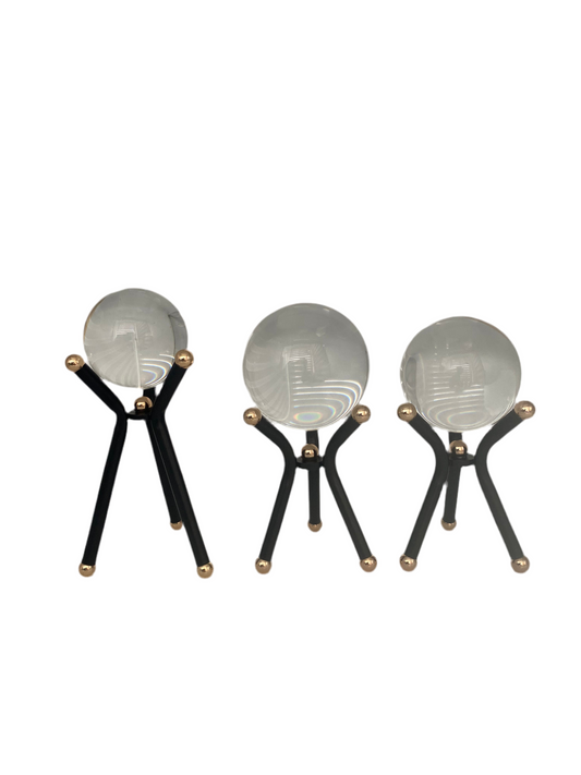 3 Pcs Black Metal Stand With Glass Decorative Ball Set