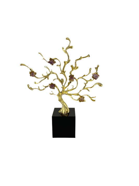 Golden Metal Tree- Purple Crystal Stone With Marble Base Statue Ornament Decoration