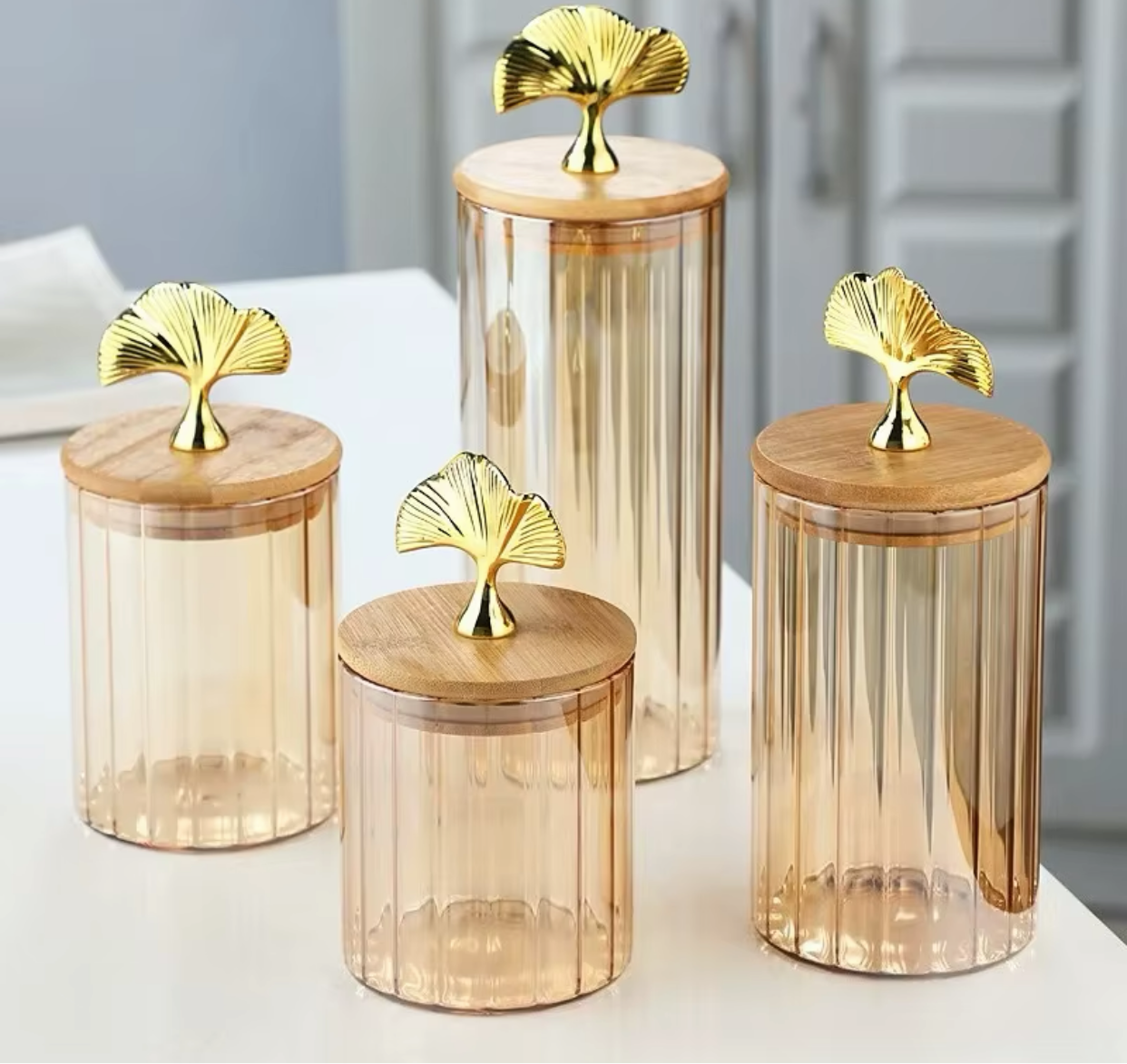 4 PCs Golden Glass Storage Jar Set  With Bamboo Lid