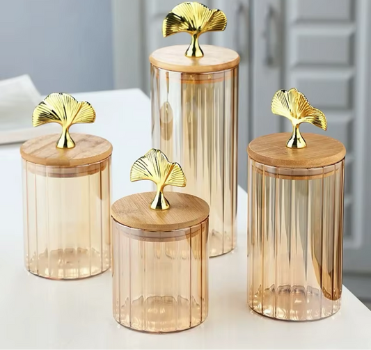 4 PCs Golden Glass Storage Jar Set  With Bamboo Lid