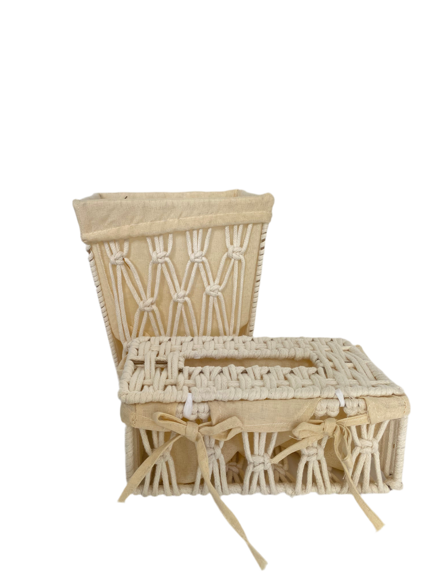 2 PCs Macrame Cotton Tissue Box With Waste Basket Set