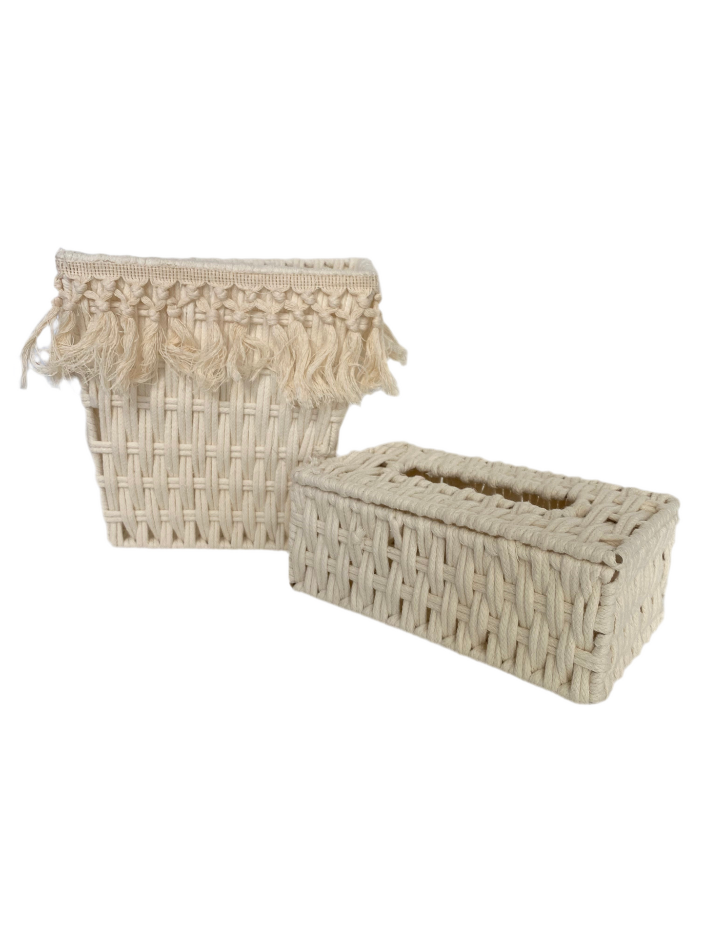 2 PCs Macrame Cotton Tissue Box With Waste Basket Set