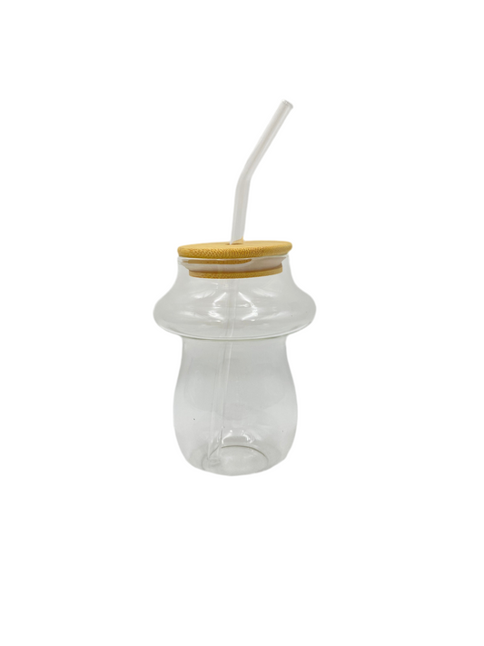 400 ml Glass Cup With Wooden Lid & Straw