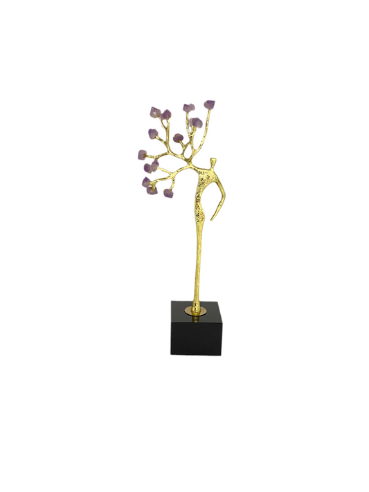 Metal Branch - Man Statue Ornament With Purple Crystal Stone Decoration With Marble Base