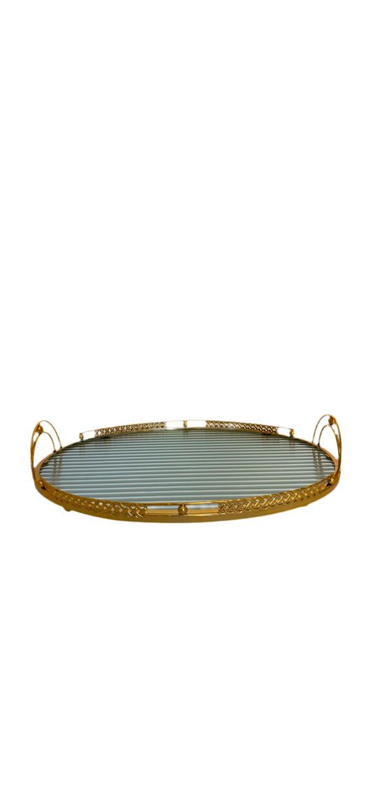 Oval Glass Tray With Metal Golden Pattern
