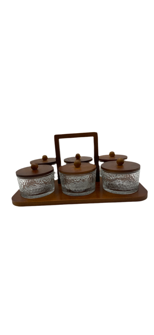 Set of 6 pcs glass rounded bowls with wooden lids /tray