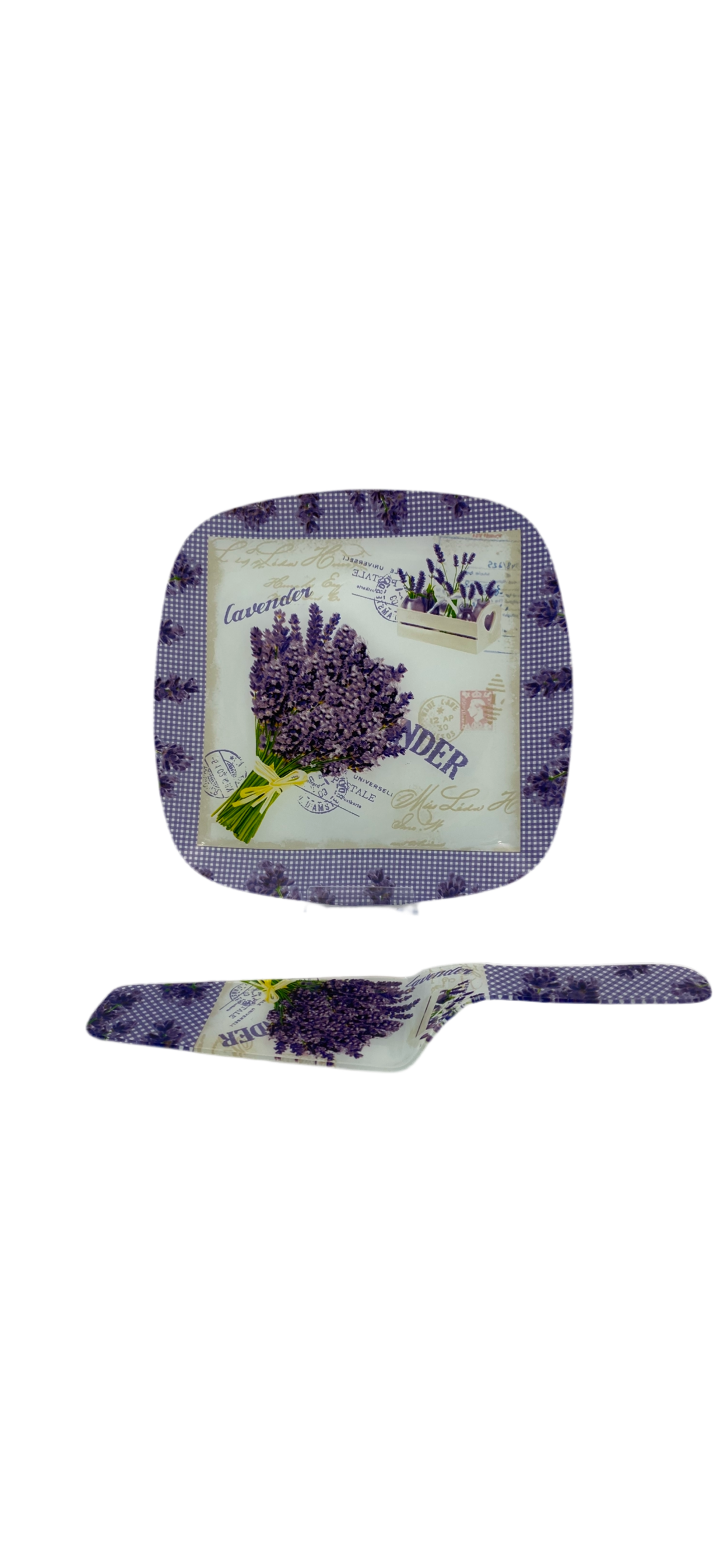 Glass cake plate with spatula