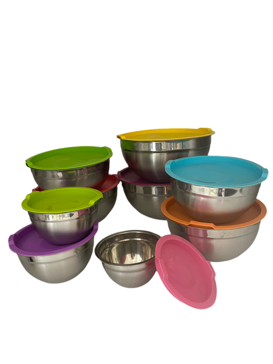 9 Pcs Stainless Steel Fresh Bowl With Colored Covers Set