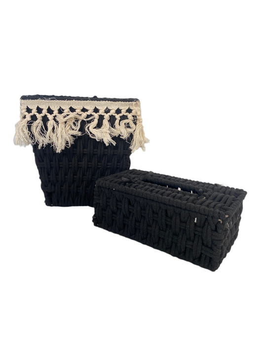 2 PCs Macrame Cotton Tissue Box With Waste Basket Set