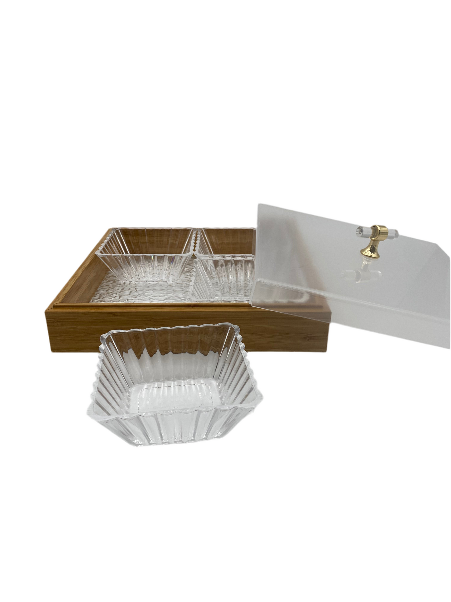 4 Pcs Square Plexi Bowl In Wooden  Tray With Plexi Cover