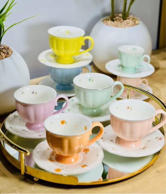 12 PCs Colored Coffee Cups With Saucers Set