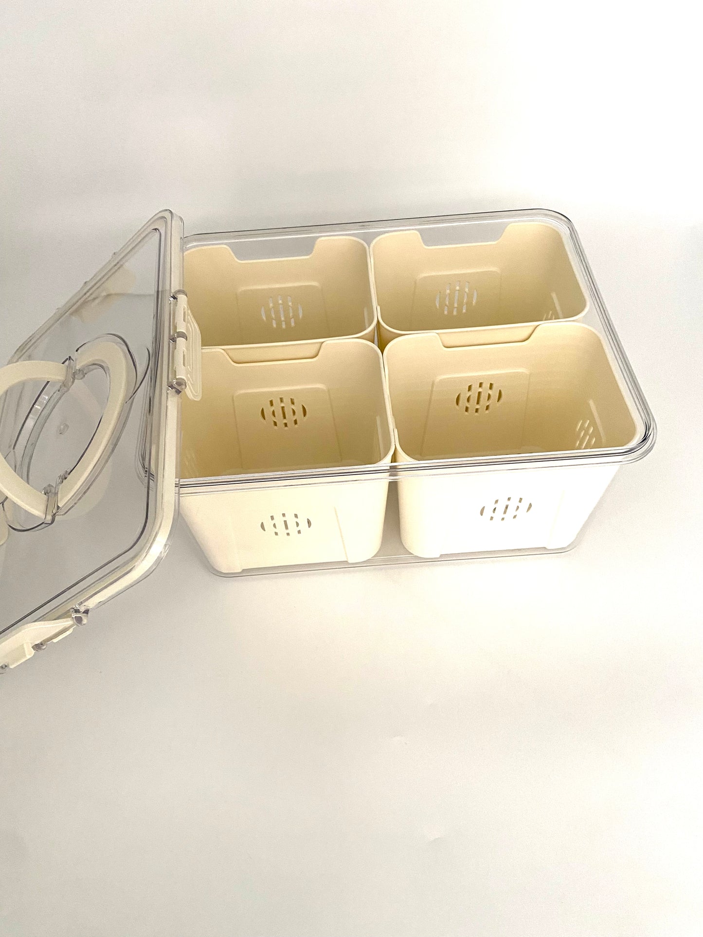 Divided Serving Tray with Drain Holes, Plastic Clear Sealed Snackle Box Container Multi Functional Portable Snackle Organizer for Outdoor Travel Picnic Party (4Compartments)