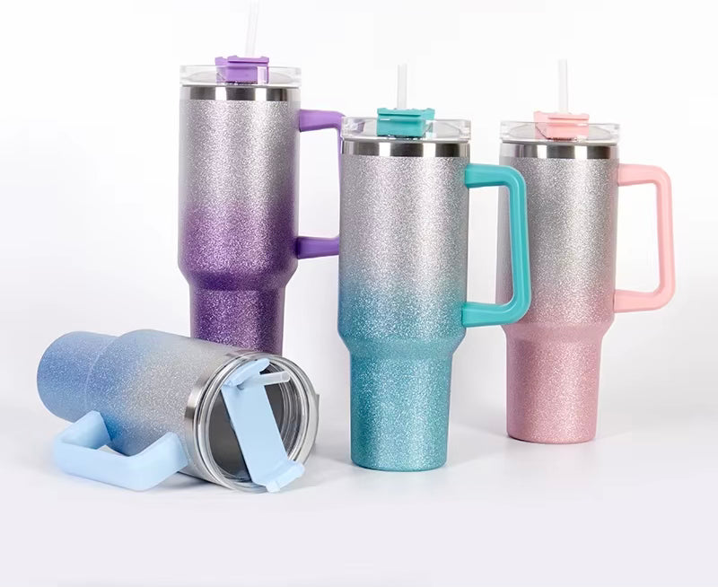 1.2 L Glitter Stainless Steel Insulated  Tumbler With Handle And Straw