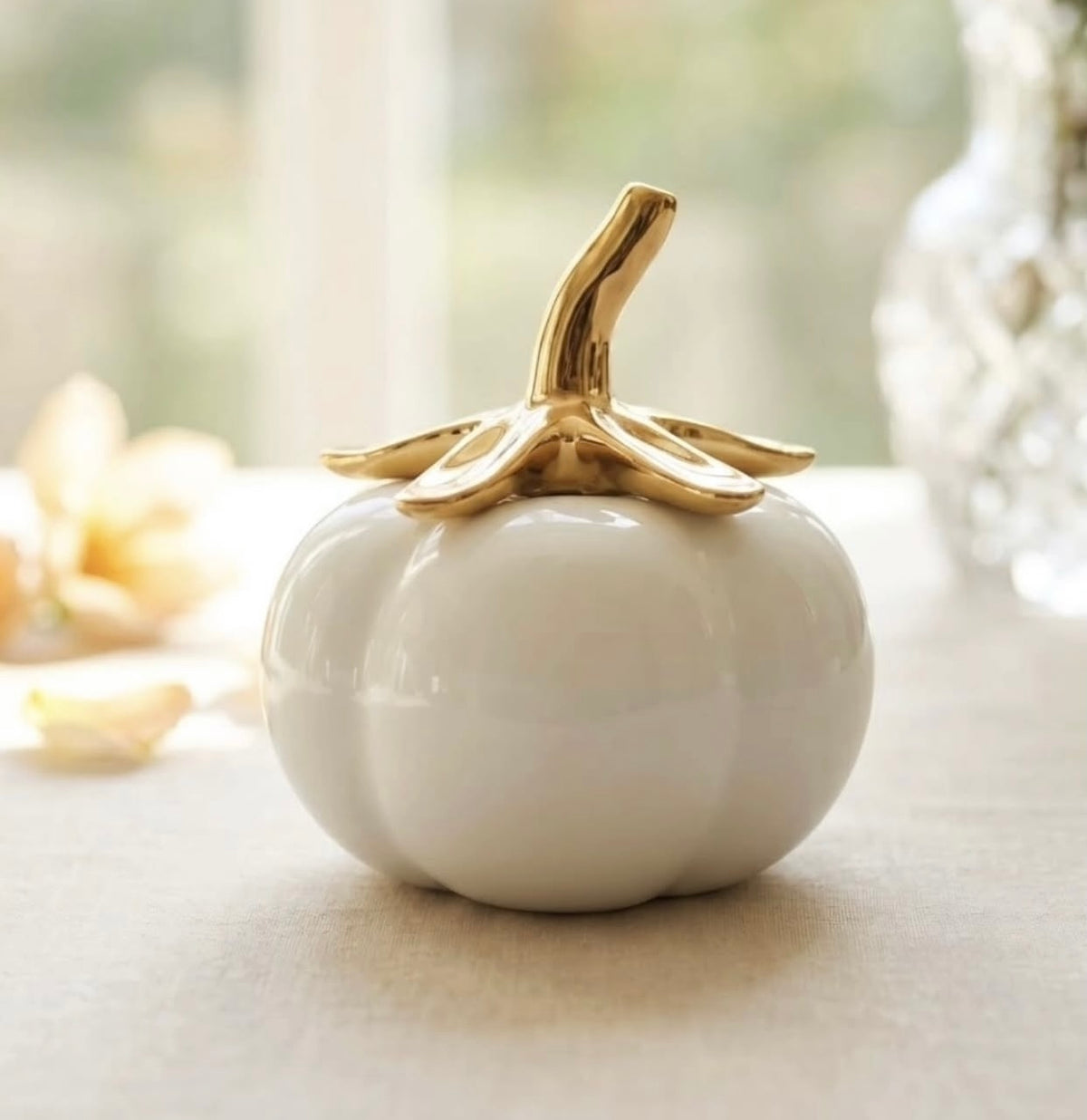 White Ceramic Pumpkin Ornament With Gold Stalk