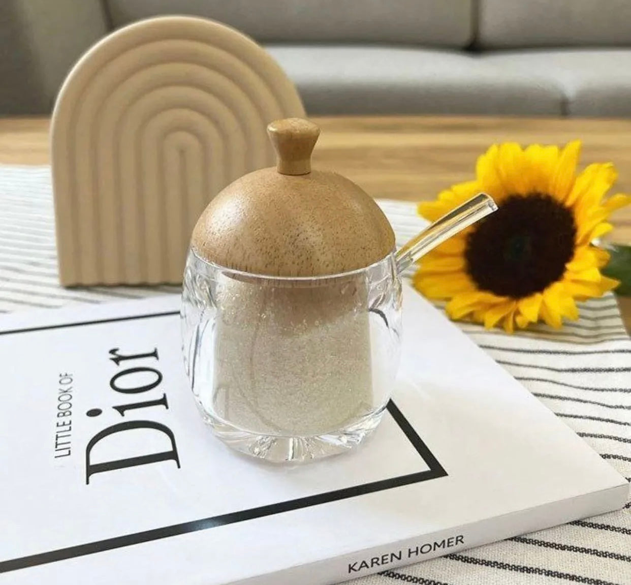 Glass Sugar Pot With Bamboo Lid W/Spoon