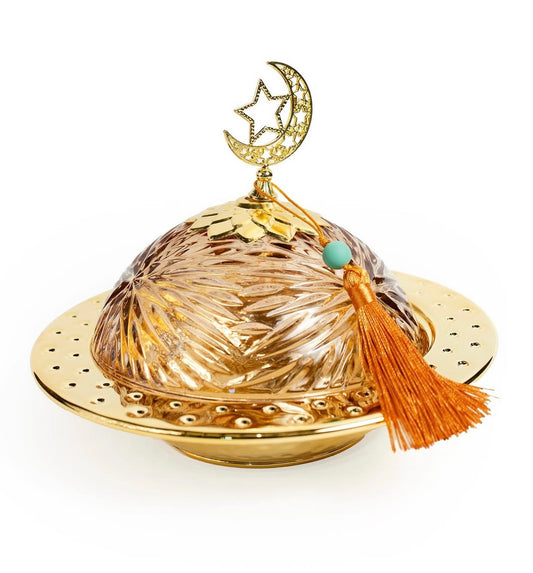 Large Metal Serving  Platter With Glass Decorative Dome For Ramadan Decoration