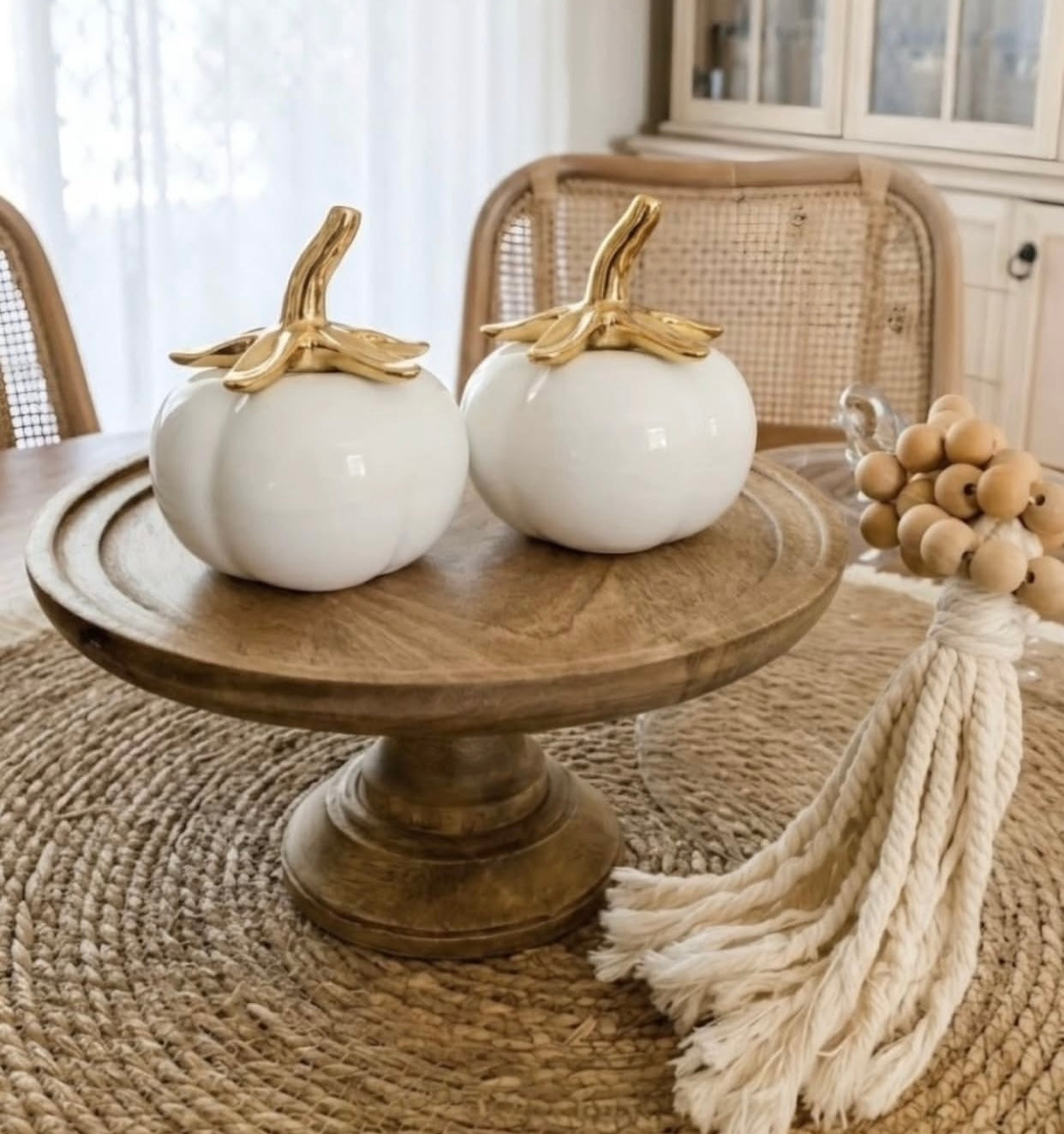 White Ceramic Pumpkin Ornament With Gold Stalk