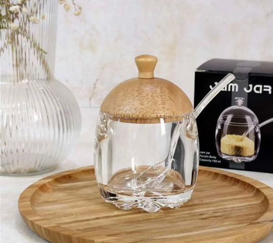Glass Sugar Pot With Bamboo Lid W/Spoon