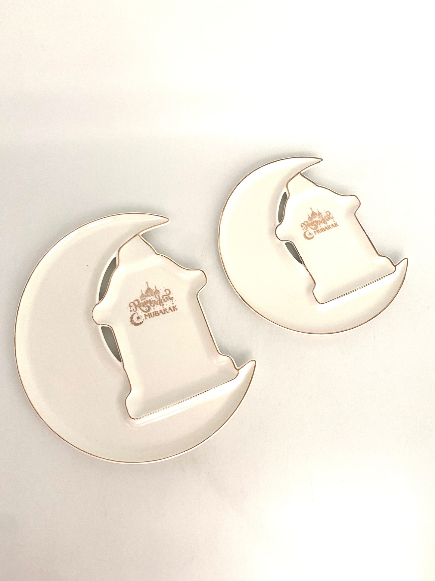 2 Pcs Moon & Mosque Shaped Porcelain Serving Plates “Ramadan Mubarak” Set