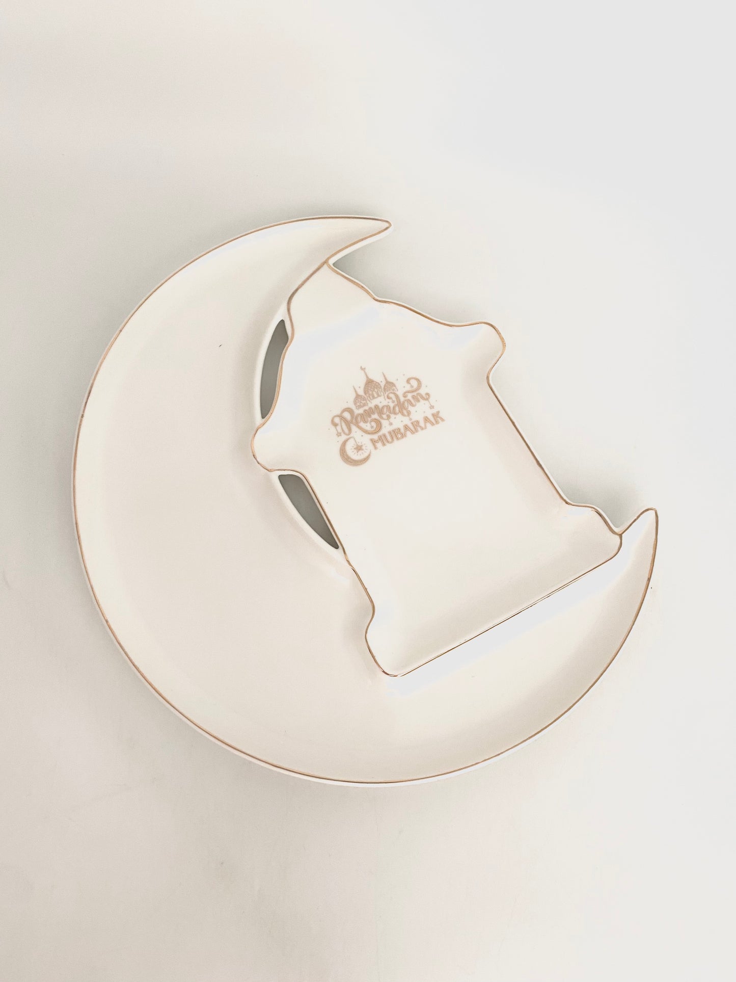 2 Pcs Moon & Mosque Shaped Porcelain Serving Plates “Ramadan Mubarak” Set