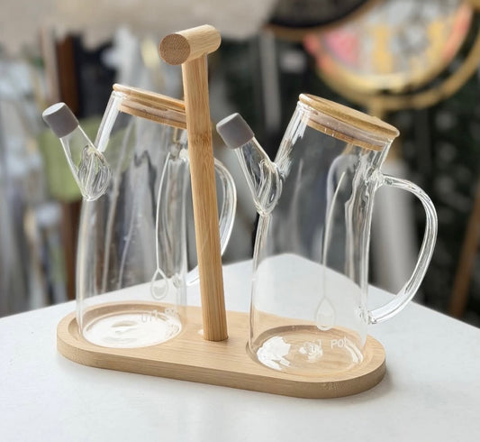 2 Pcs Glass Oil Jugs With Bamboo Stand