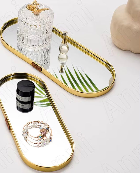 2 Pcs Oval Golden  Aluminium Mirror Tray Set
