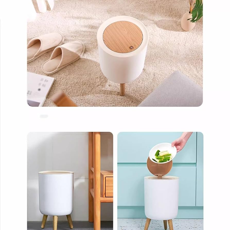 WOOD GRAIN TRASH BIN WITH ONE-TOUCH LID (7 L)