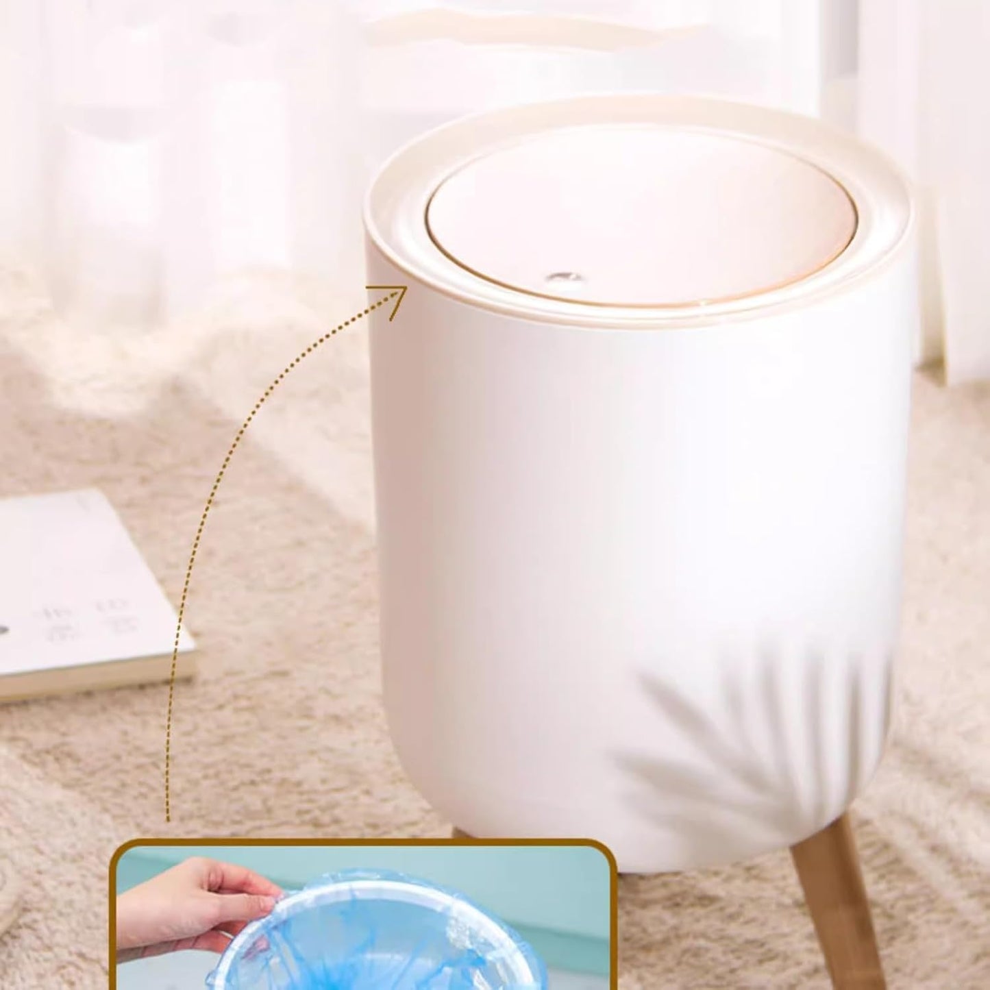 WOOD GRAIN TRASH BIN WITH ONE-TOUCH LID (7 L)