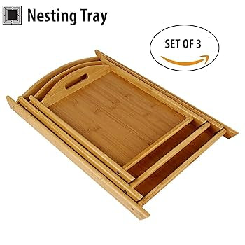 3 Pcs Rectangular  Wood Bamboo Serving Tray Set