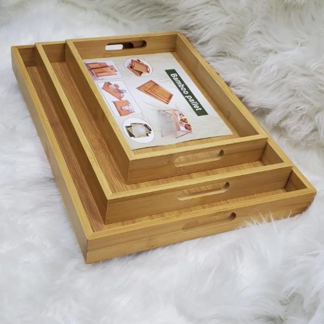 3 PCs Rectangular Wood Bamboo Tray Set