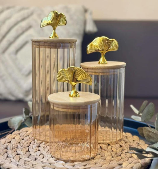 3 PCs Golden Glass Storage Jar Set With Bamboo Lid