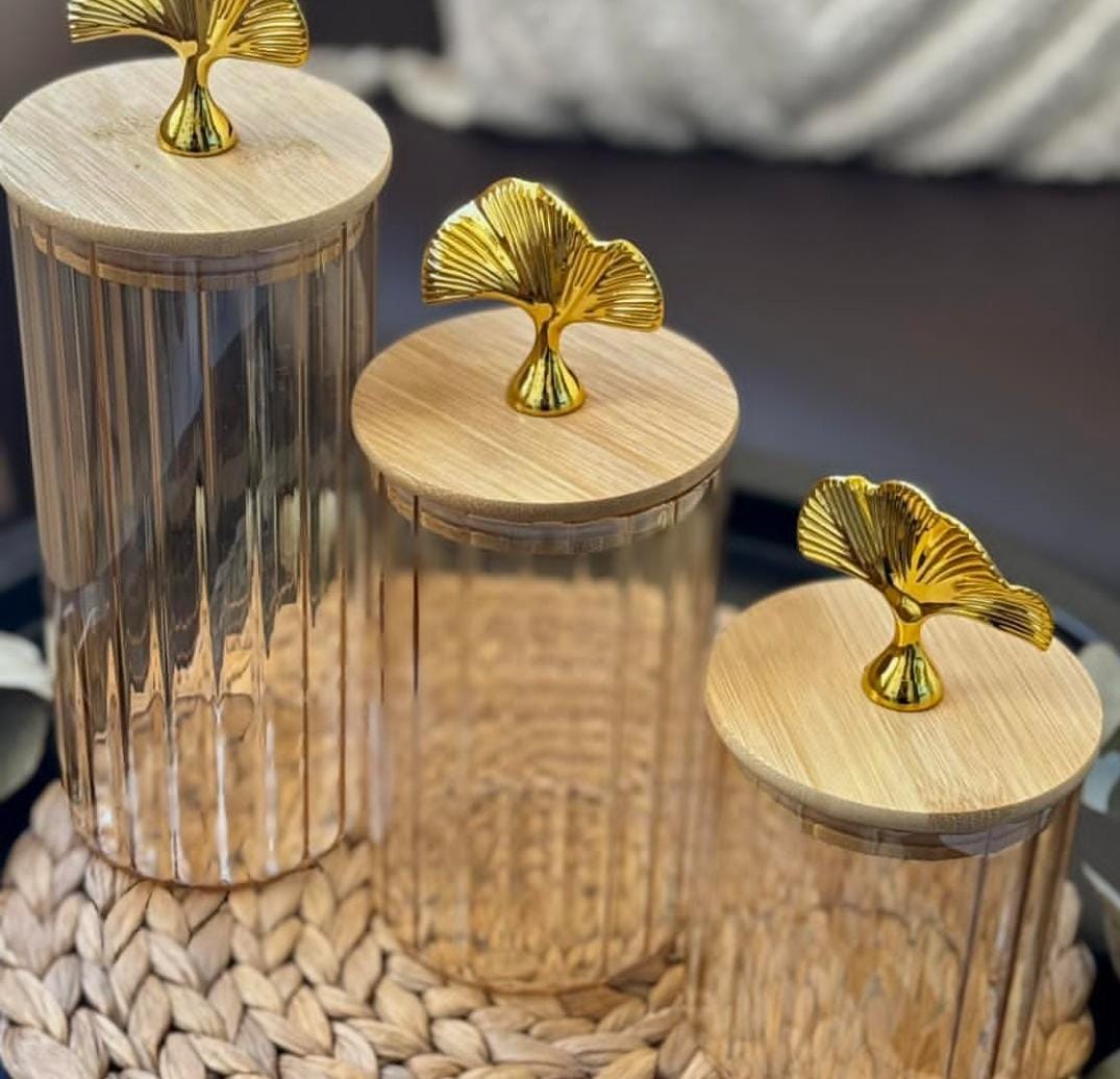 3 PCs Golden Glass Storage Jar Set With Bamboo Lid