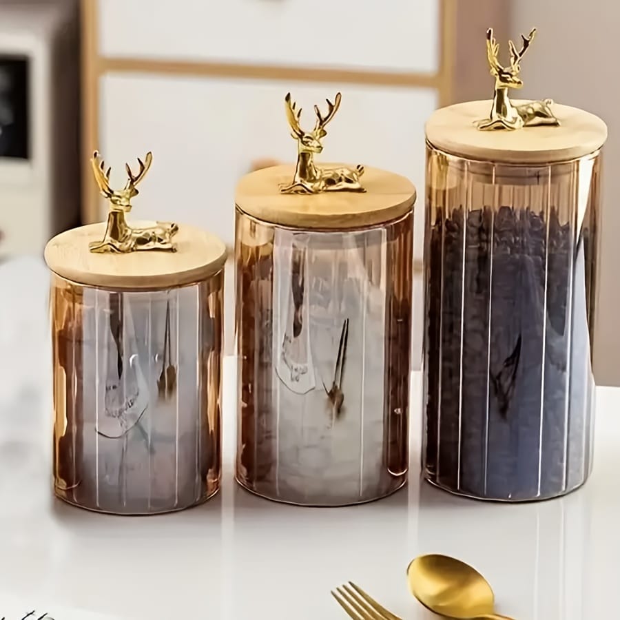 3 PCs Golden Vertical Stripe Spice Jars With Deer Head Lids