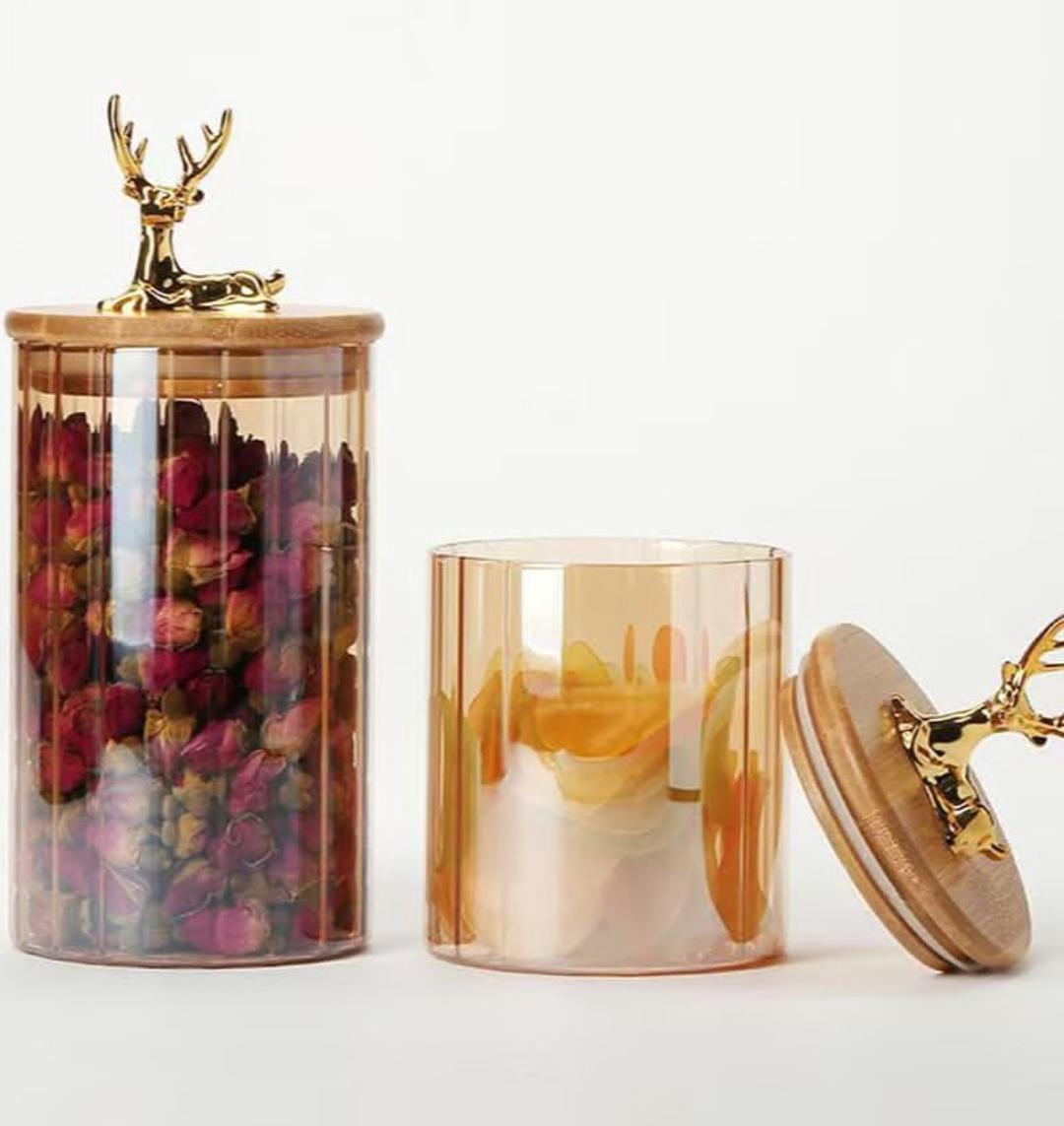 3 PCs Golden Vertical Stripe Spice Jars With Deer Head Lids
