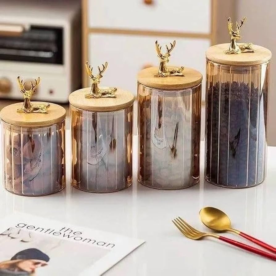 4 PCs Golden Vertical Stripe Spice Jars With Deer Head Lids
