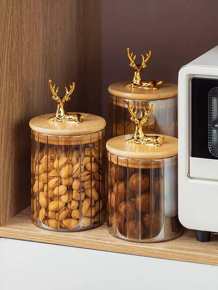 4 PCs Golden Vertical Stripe Spice Jars With Deer Head Lids