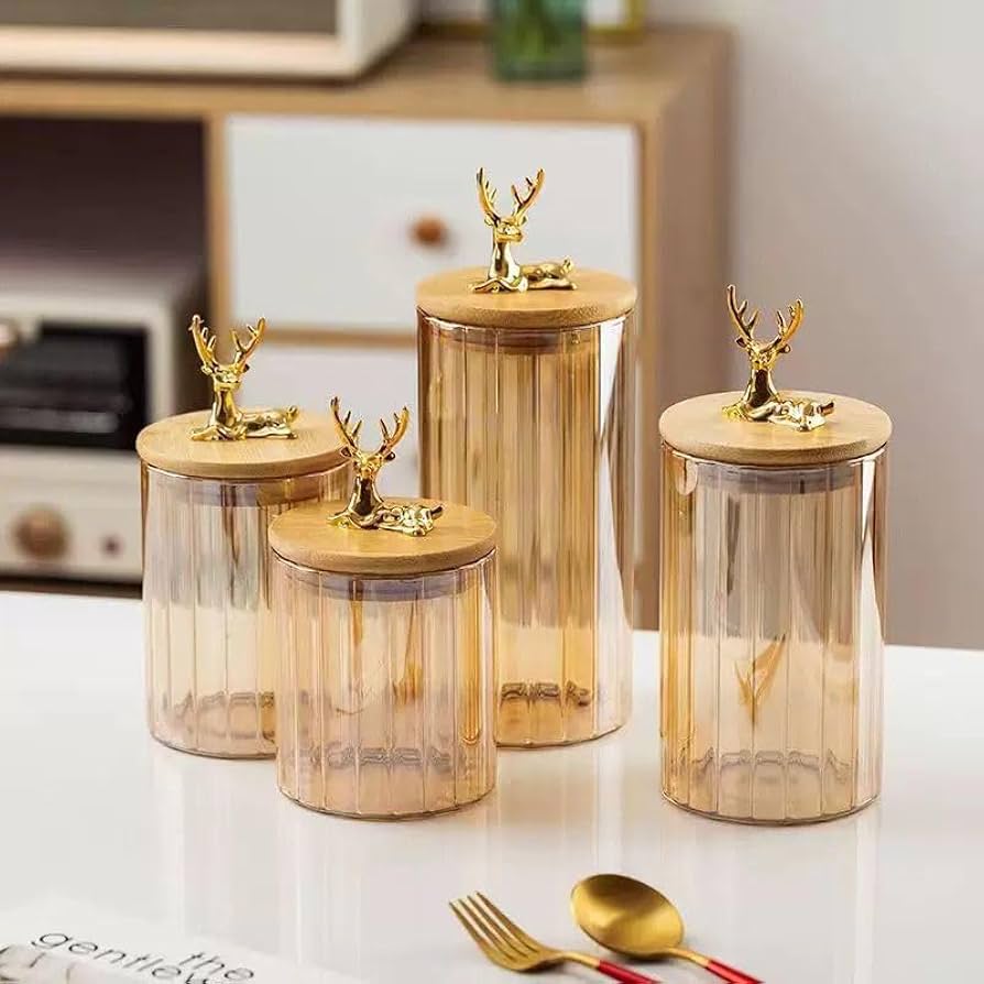 4 PCs Golden Vertical Stripe Spice Jars With Deer Head Lids