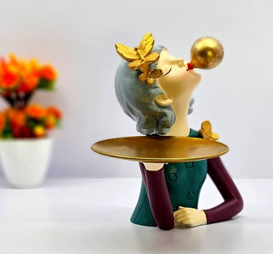 Metal Plate Holding Lady Showpiece Statue Sculpture Figure for Home Decor