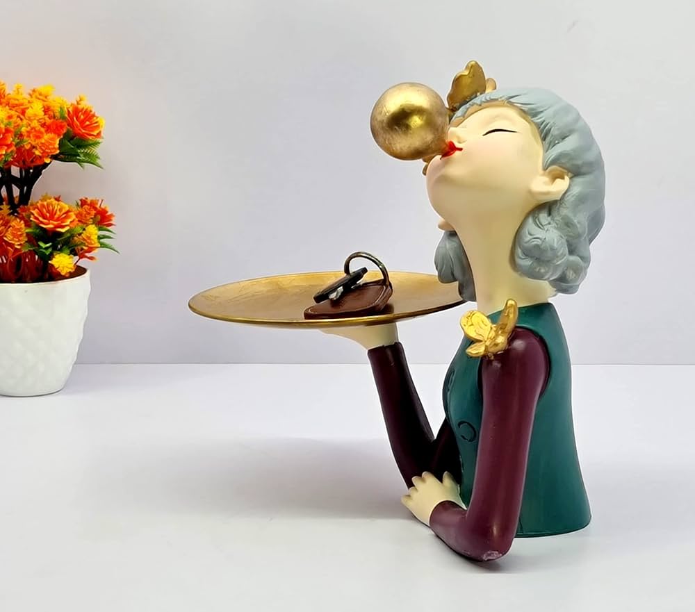 Metal Plate Holding Lady Showpiece Statue Sculpture Figure for Home Decor