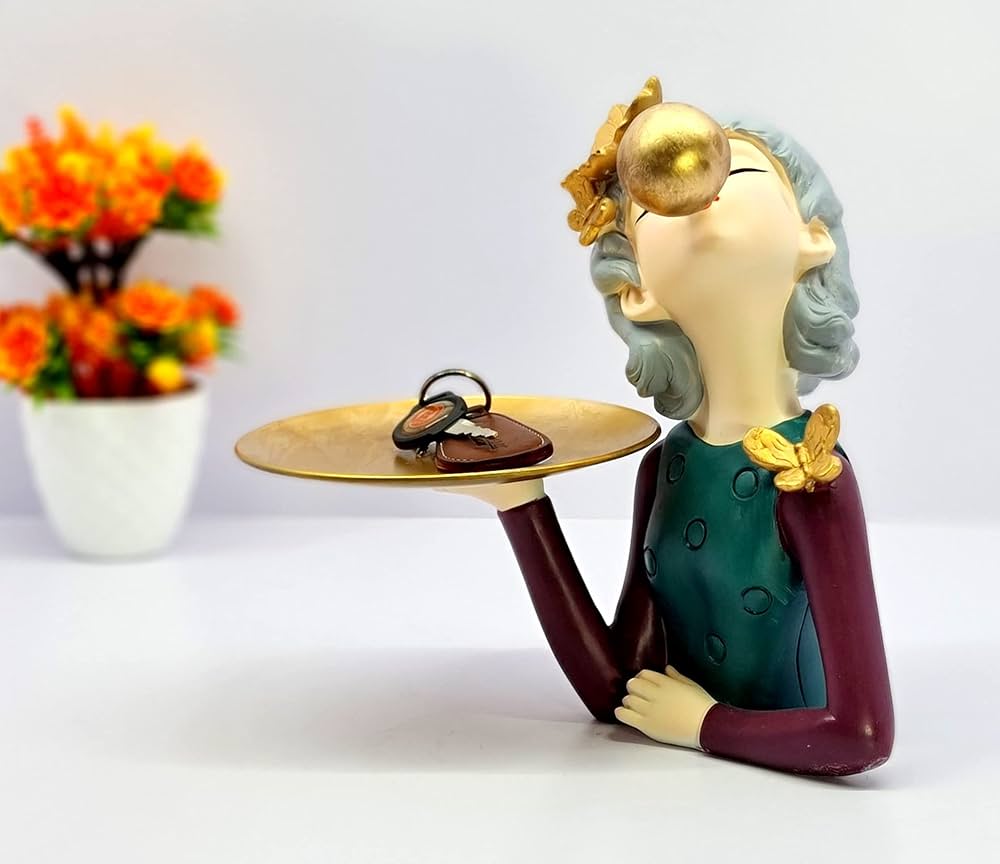 Metal Plate Holding Lady Showpiece Statue Sculpture Figure for Home Decor