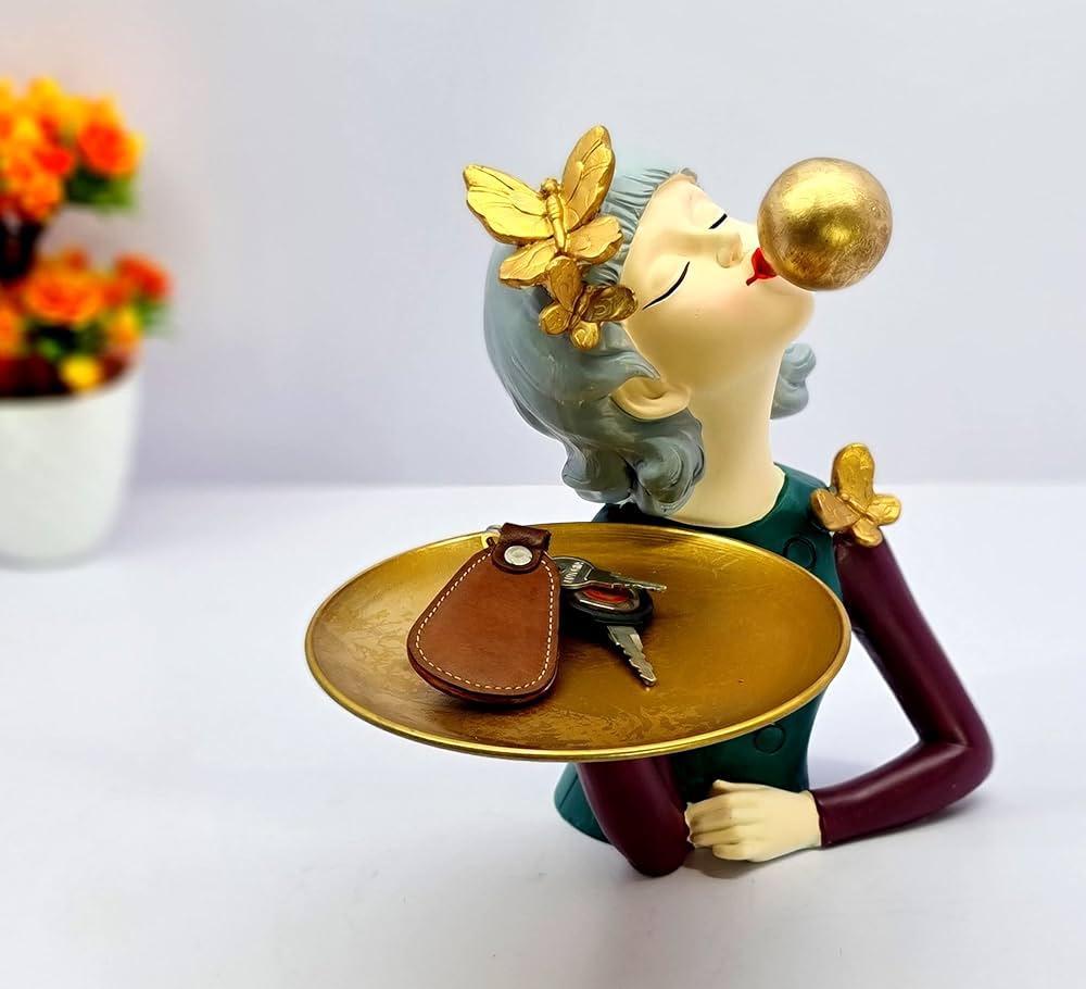 Metal Plate Holding Lady Showpiece Statue Sculpture Figure for Home Decor