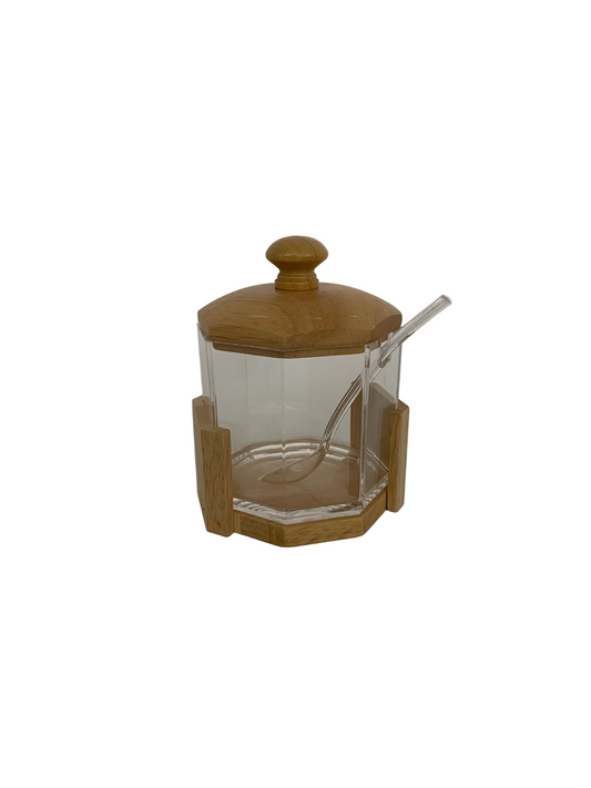 Hexagonal  Acrylic Sugar Pot With Bamboo Stand & Lid