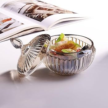 Small Striped Glass Candy Bowl with Black  Lid