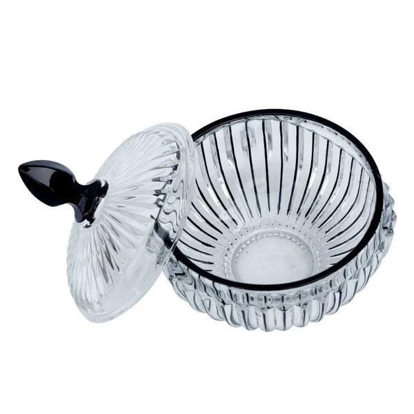 Small Striped Glass Candy Bowl with Black  Lid