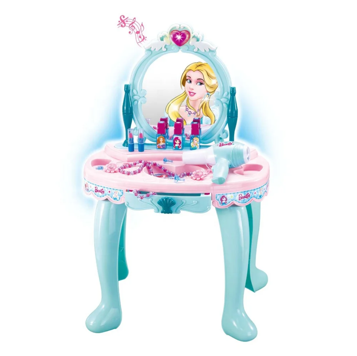 Cute Pretend Play Kids Princess Dressing Vanity Table Musical Beauty Makeup Table Set